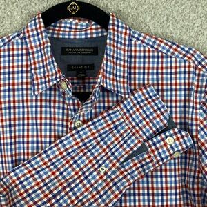 Banana Republic Grant fit gingham plaid button down shirt mens S oxford preppy
